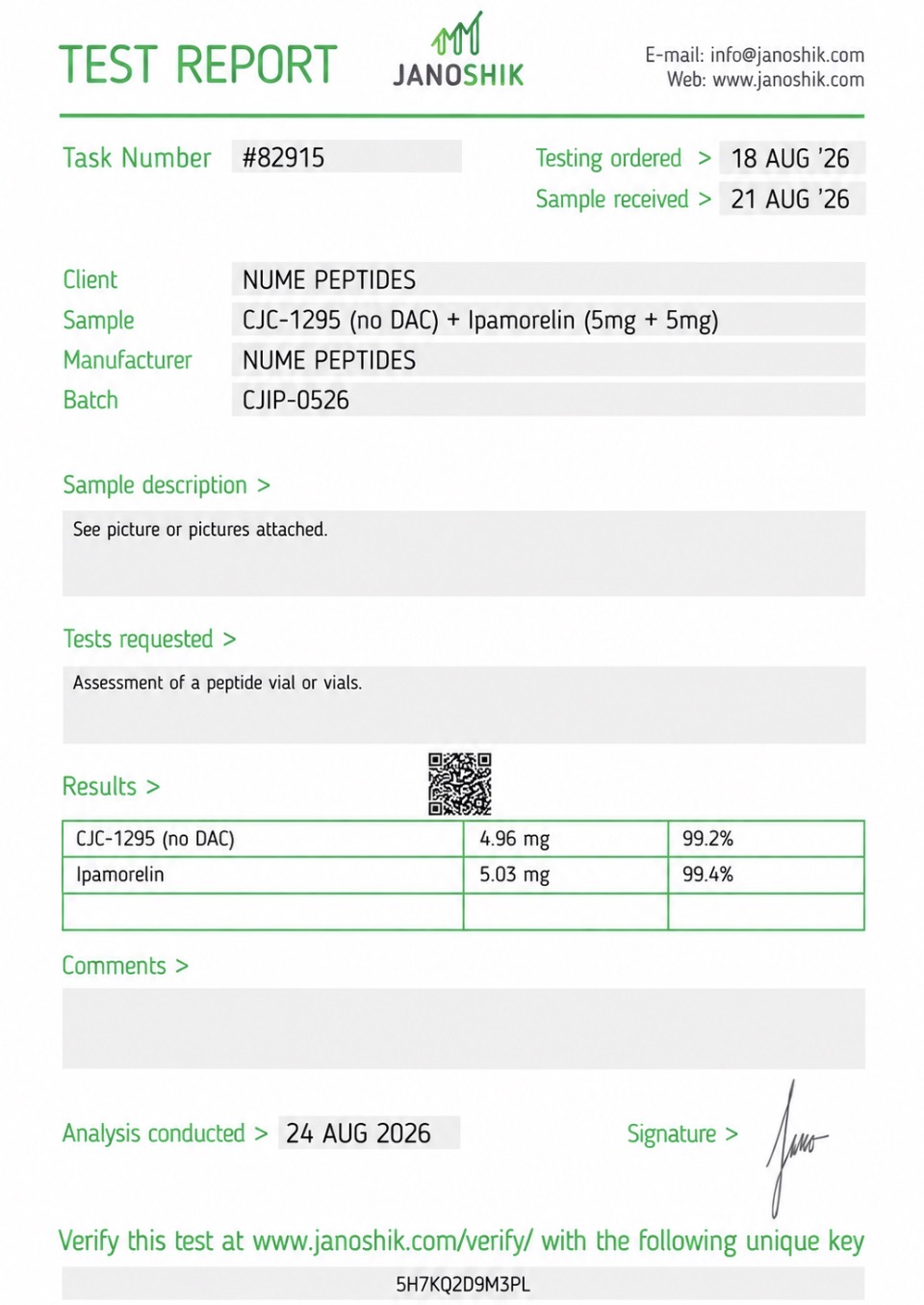 Janoshik test report for CJC-1295 (no DAC) + Ipamorelin (5mg + 5mg), batch CJIP-0526